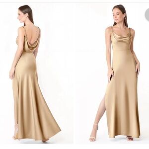Azazie Alaija Stretch Champagne Mermaid Side Slit Stretch Satin Dress